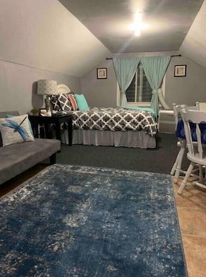 1 bedroom, iron/ironing board, travel crib, bed sheets