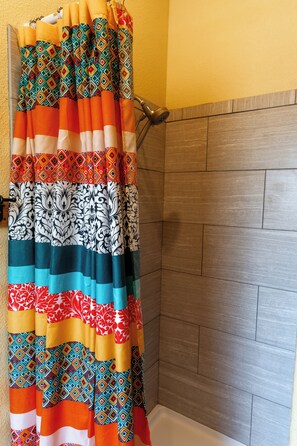 Shower, hair dryer, soap, shampoo