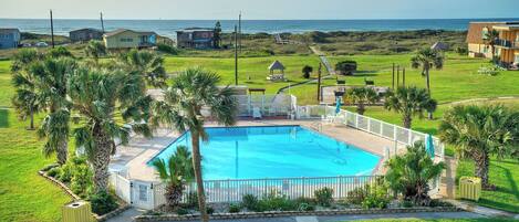 A swimming pool surrounded by a white fence, with palm trees and a view of the ocean.