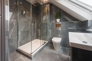 Eco-friendly toiletries, hair dryer, towels