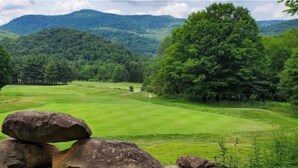 Un paysage verdoyant et luxuriant, avec des collines douces, un ciel dégagé et un terrain de golf.