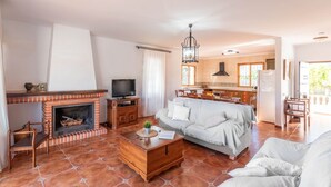 A living room with a fireplace, a sofa, a coffee table, and a television. - Villa Robus Frigiliana by Ruralidays (Málaga)