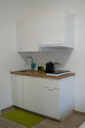Fridge, microwave, stovetop, cookware/dishes/utensils