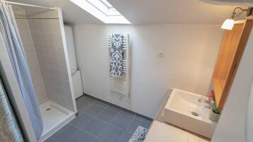 Shower, hair dryer, towels