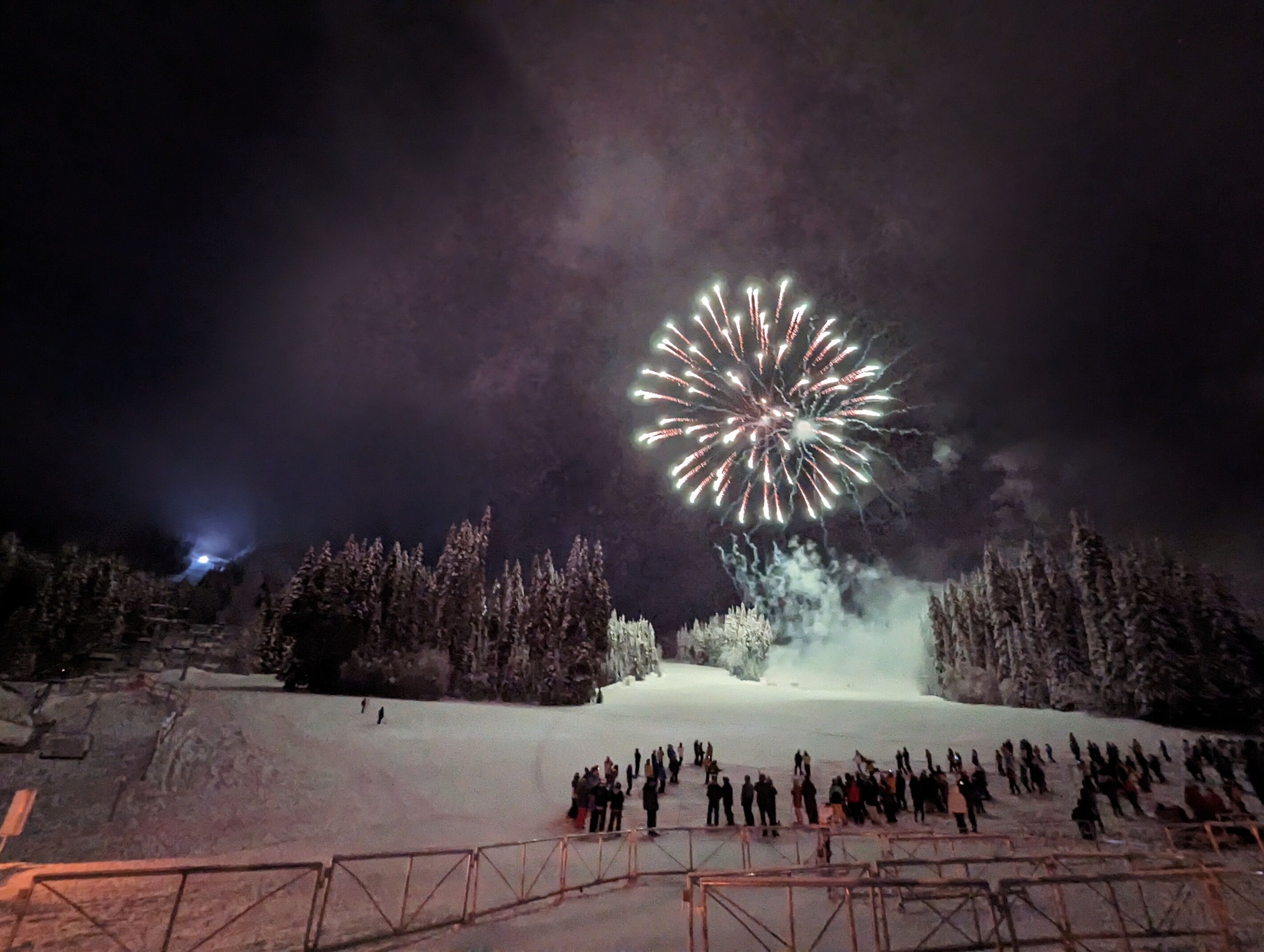 Un espacio exterior nevado con una multitud de personas reunidas para ver un espectáculo de fuegos artificiales.