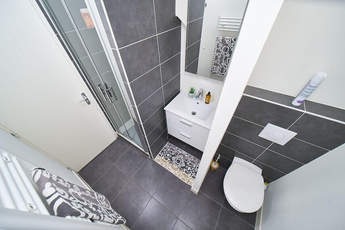 Shower, hair dryer, towels