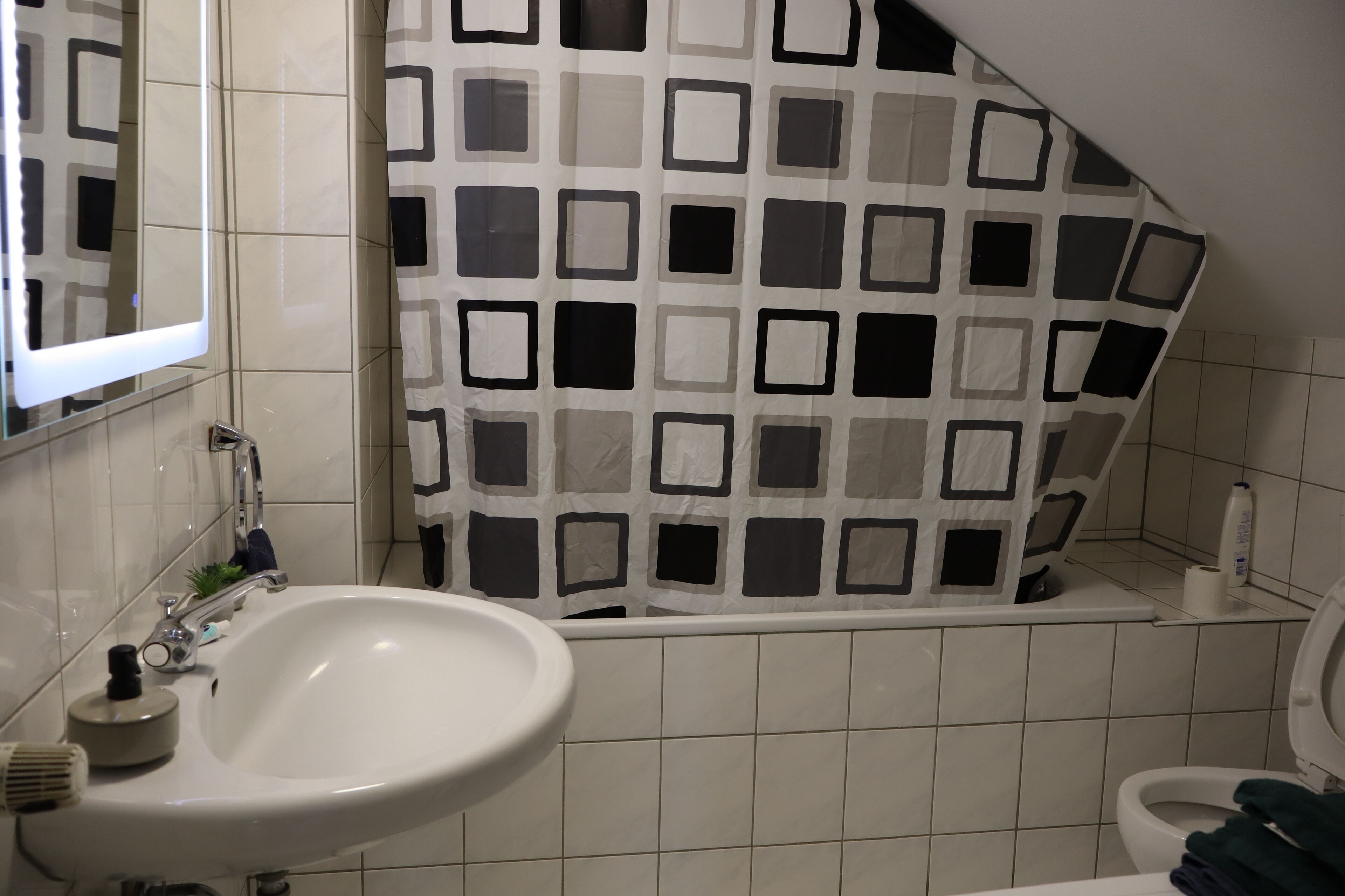 Dusche, Haartrockner, Handtücher, Seife
