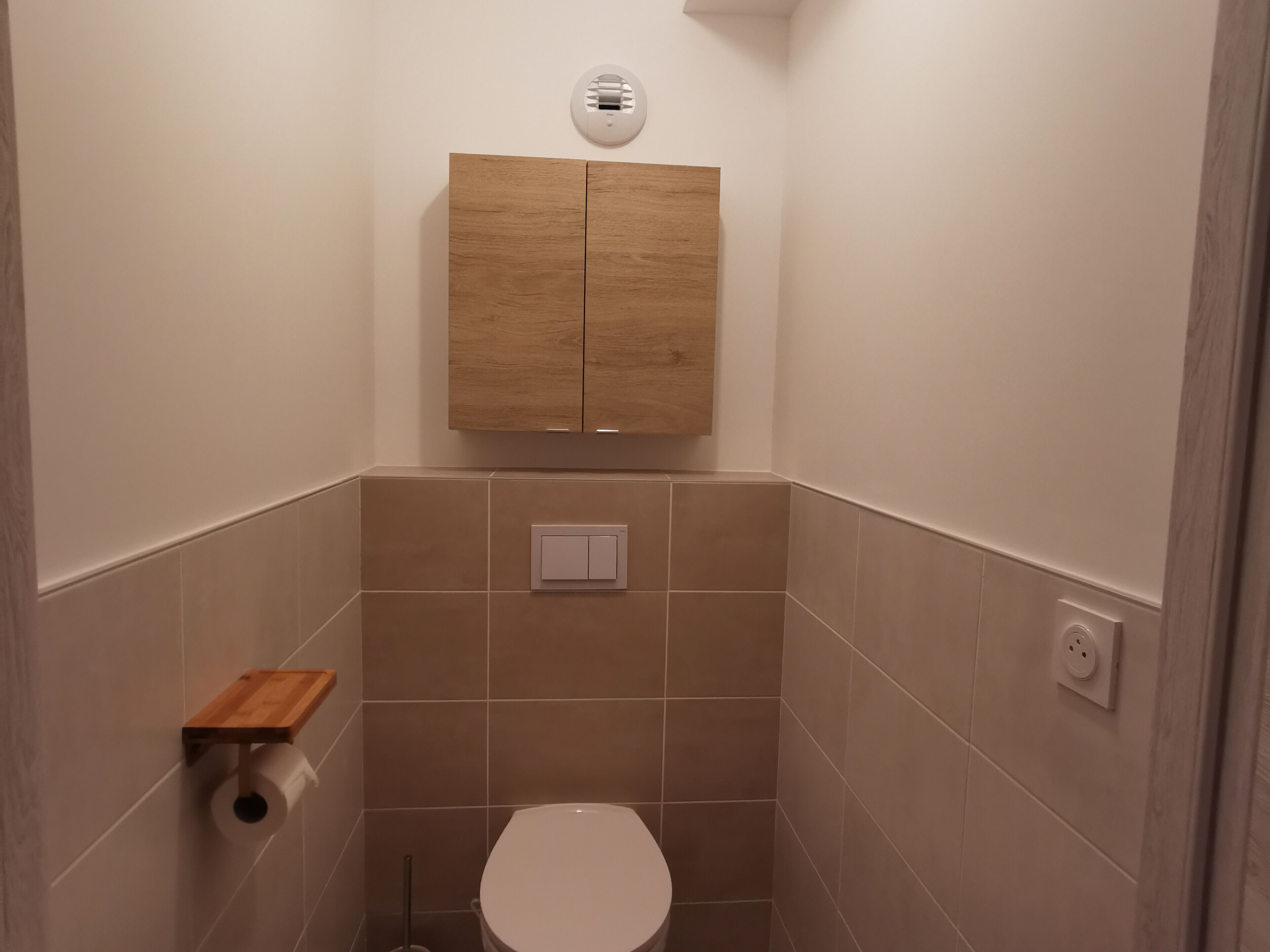 A small bathroom with a toilet, a wooden cabinet, a wall-mounted toilet paper holder, and a flush handle.