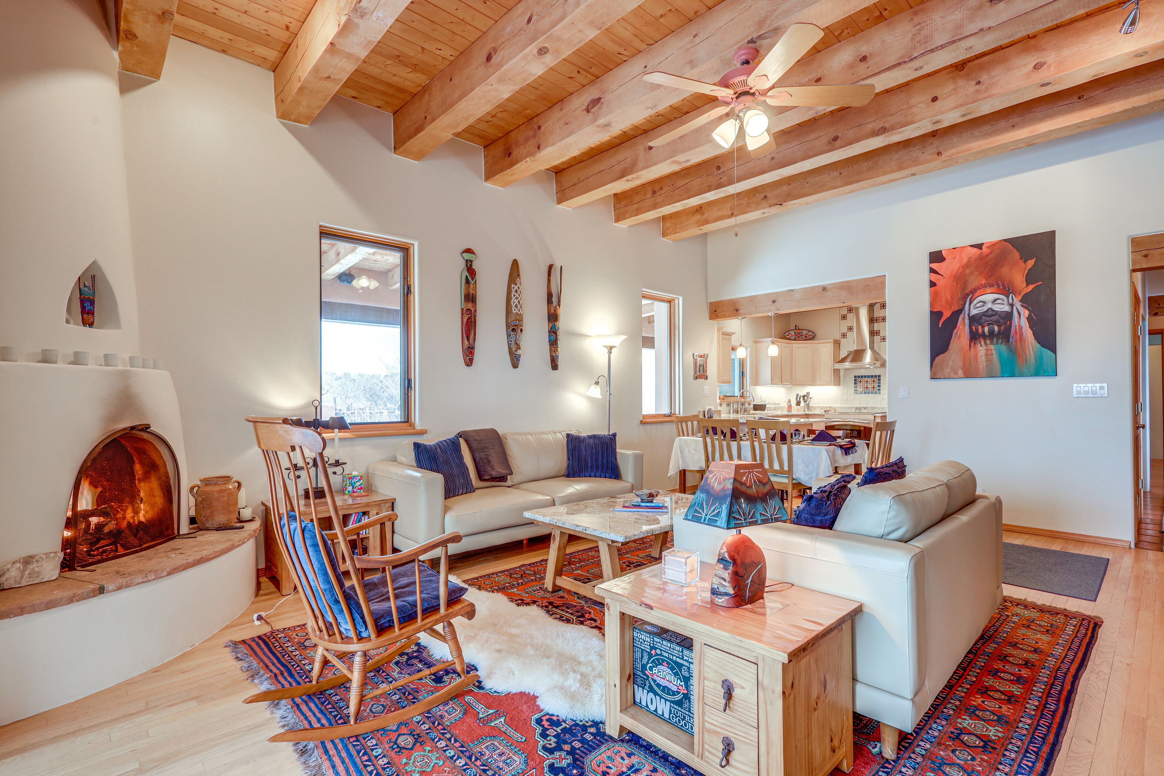 TV, fireplace, books, stereo