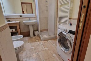 Shower, hair dryer, bidet, towels