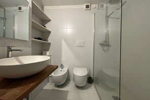 Chuveiro, secador de cabelo, bidê, toalhas de banho