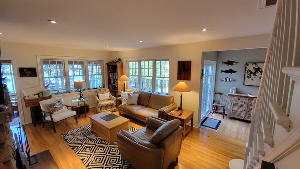 Smart TV, fireplace, books