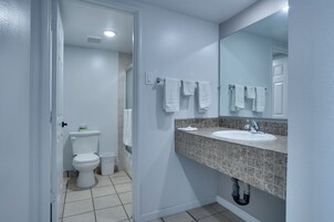 Un baño con inodoro, lavamanos y espejo.