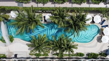 Outdoor pool, pool umbrellas, pool loungers