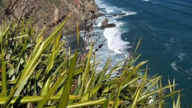 Paesaggio costiero con una scogliera rocciosa e onde oceaniche.
