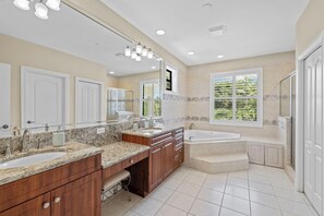 Jetted bath, hair dryer, towels, soap