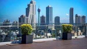 Eine Dachterrasse mit zwei quadratischen Pflanzgefäßen mit grünen Sträuchern, einer Glasufernung und einer Stadtansicht im Hintergrund.
