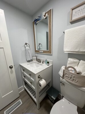 Hair dryer, towels, soap, toilet paper