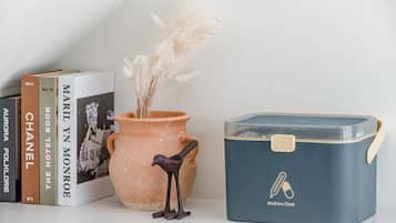 Uma prateleira com livros, um vaso de terracota com plumas de plume e uma caixa azul para arrumação com a etiqueta 'Kit de Medicina'.