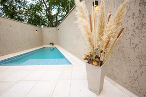 A swimming pool with a tiled deck, a potted plant with pampas grass, and a wall with a textured finish. - Andinos del Nevado (San Rafael)
