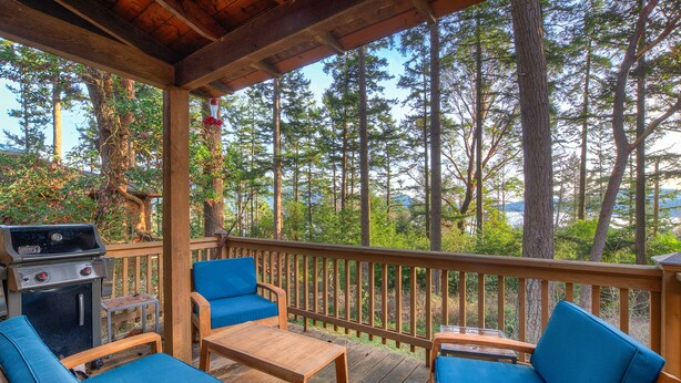 A covered deck with wooden furniture, a grill, and a view of a forest. - Cozy cabin in the woods, minutes from town, beaches, hiking (Eastsound)
