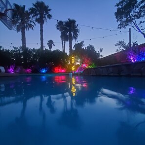A swimming pool with colorful lights reflecting on the water, surrounded by palm trees and a clear sky. - A tropical paradise in the desert! (Cathedral City)