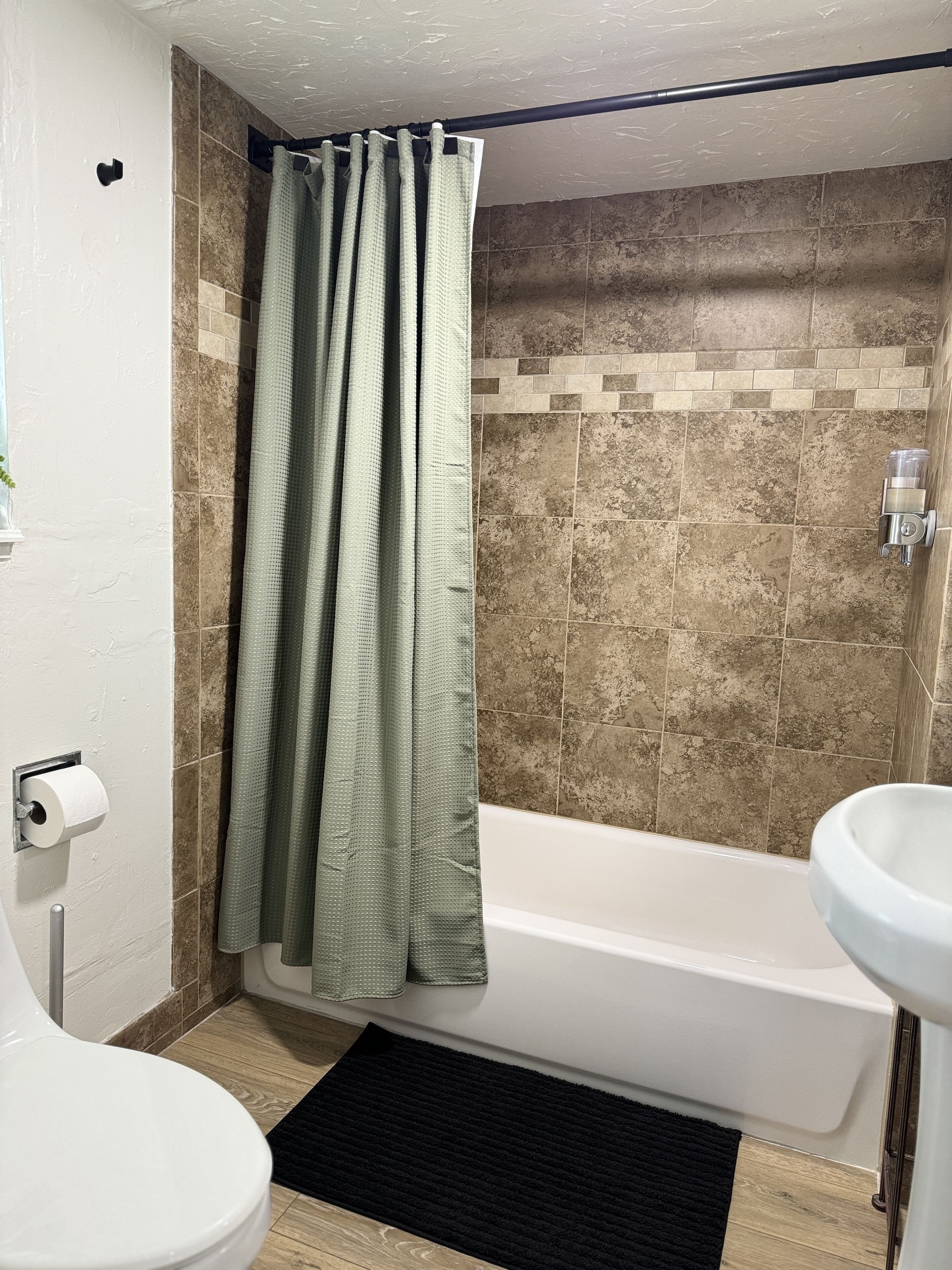 Hair dryer, towels, soap, shampoo