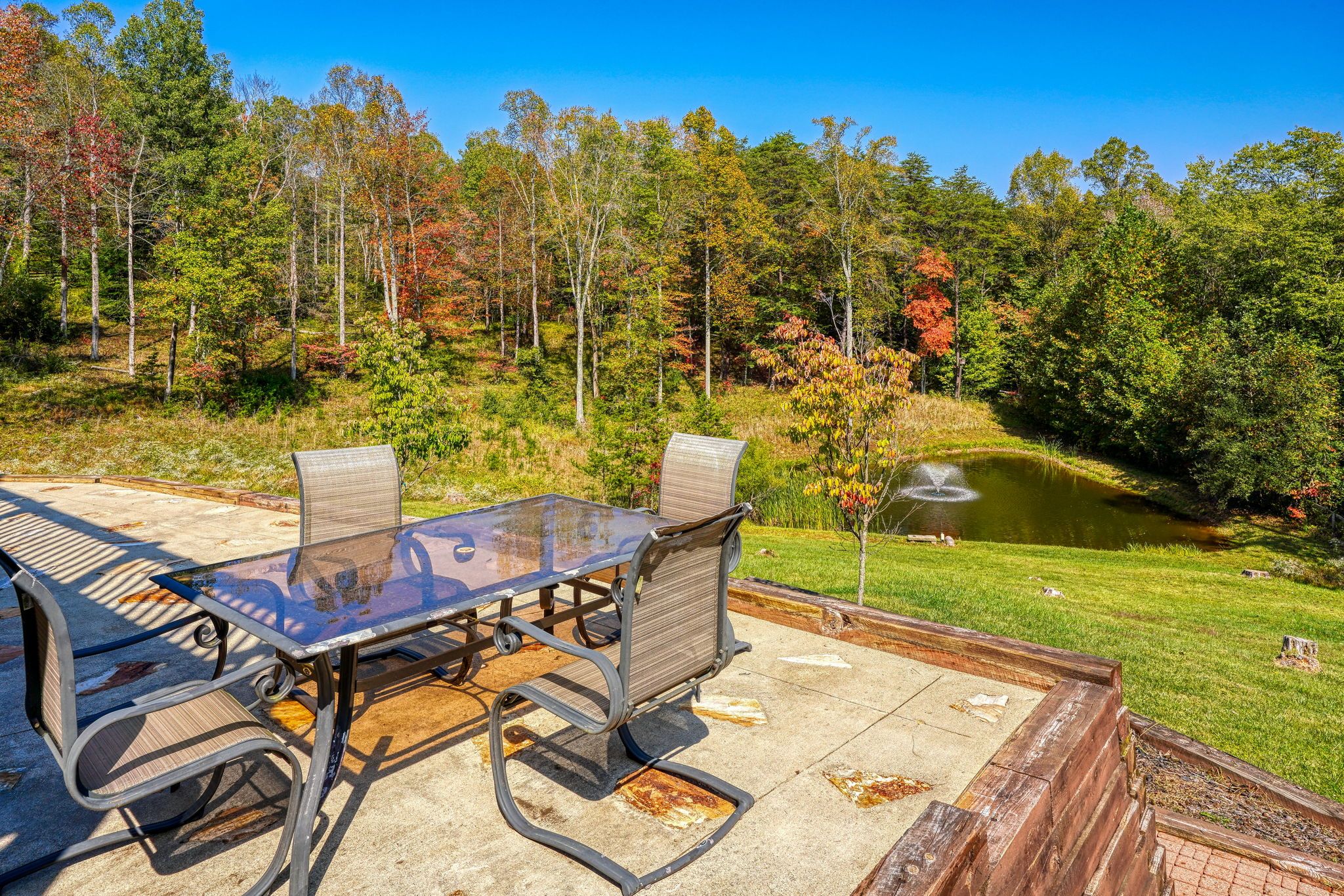 An outdoor patio with a table and chairs, a pond, and a forested area in the background.