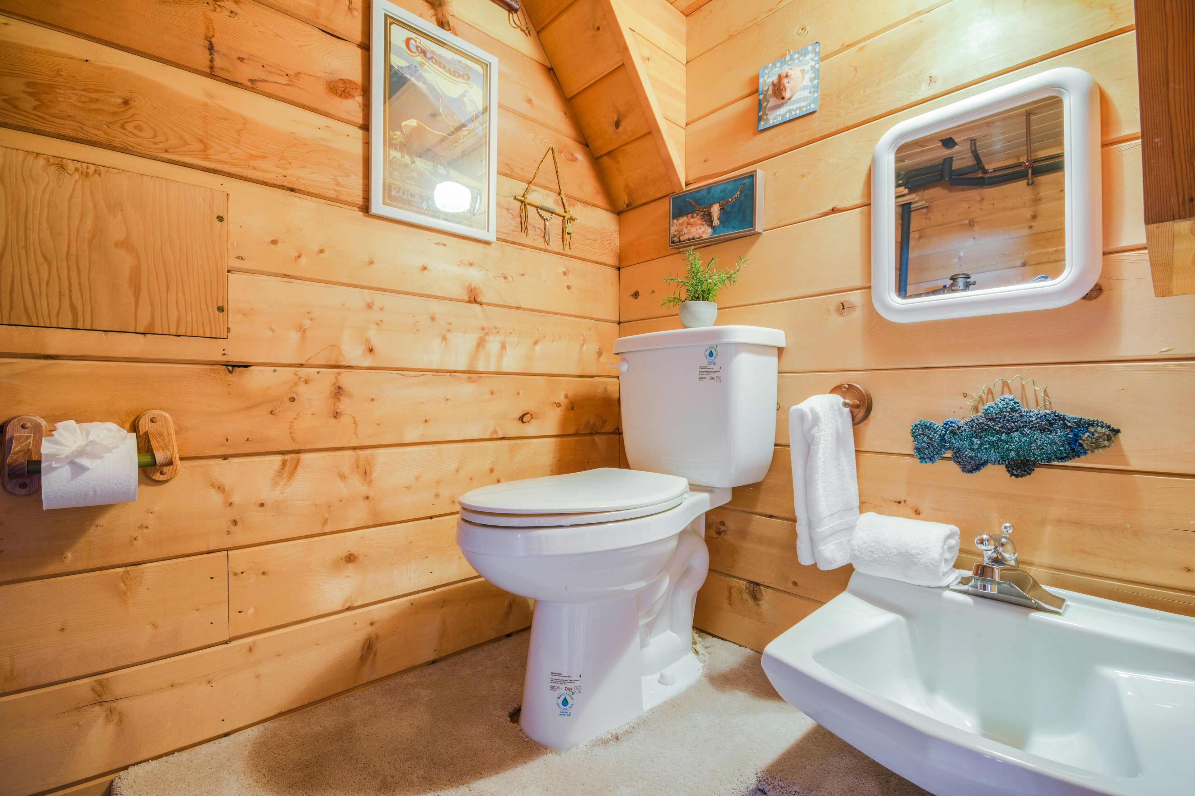 Et badeværelse i en træhytte med toilet, vask og et lille spejl.