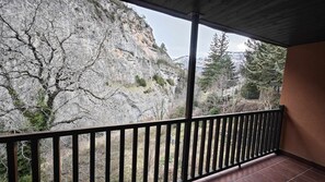 A balcony with a view of a rocky cliff and trees.