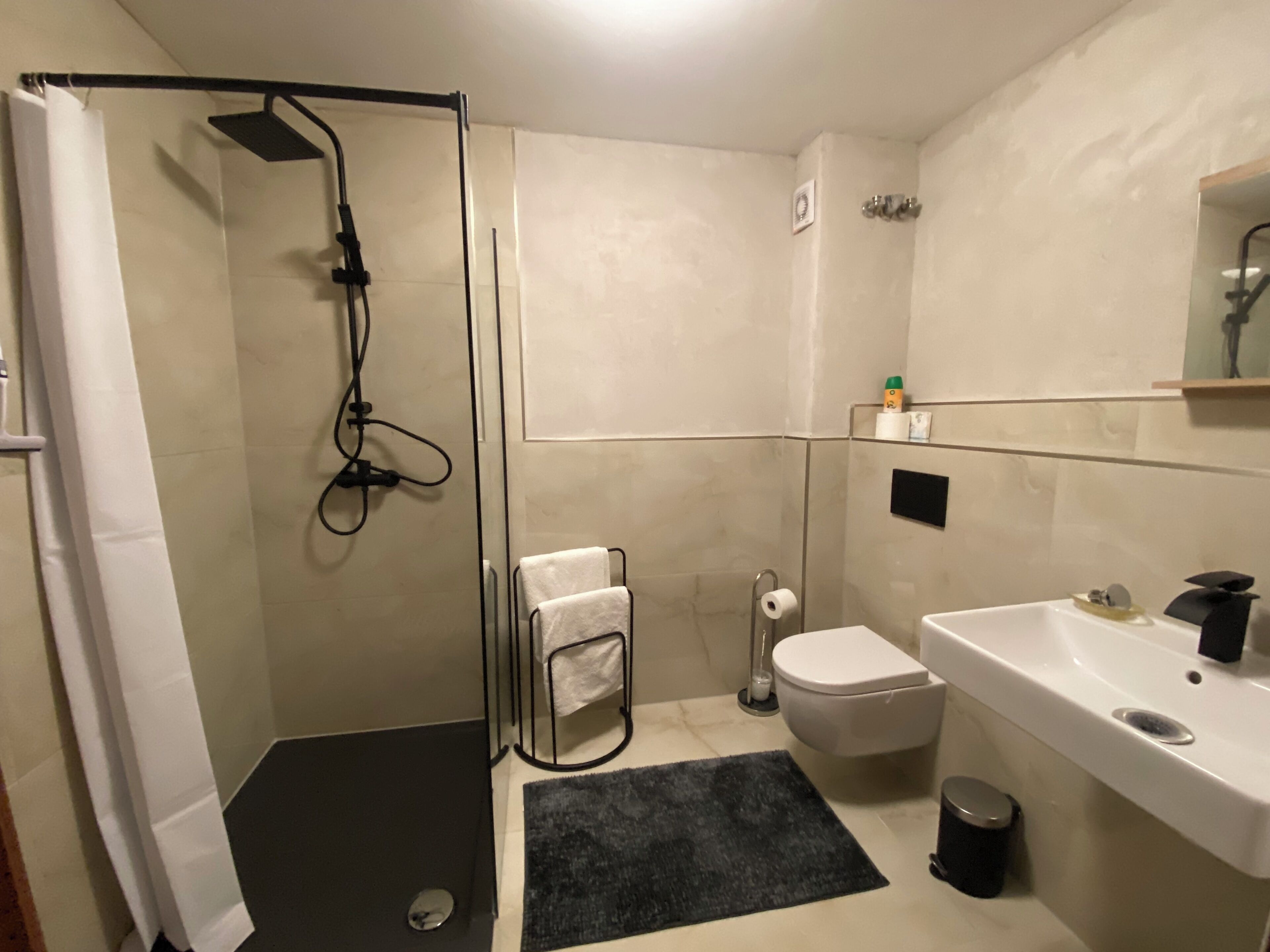 Douche, sèche-cheveux, serviettes fournies, savon