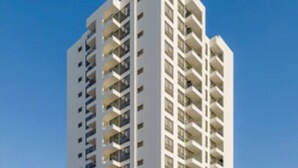 A modern high-rise building with multiple balconies, a flat roof, and a parking area in front. - Hermoso Apartamento  en Viña del Mar (Viña del Mar)