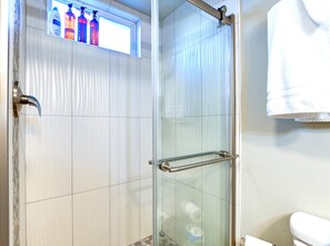 Dusche, Haartrockner, Handtücher, Seife