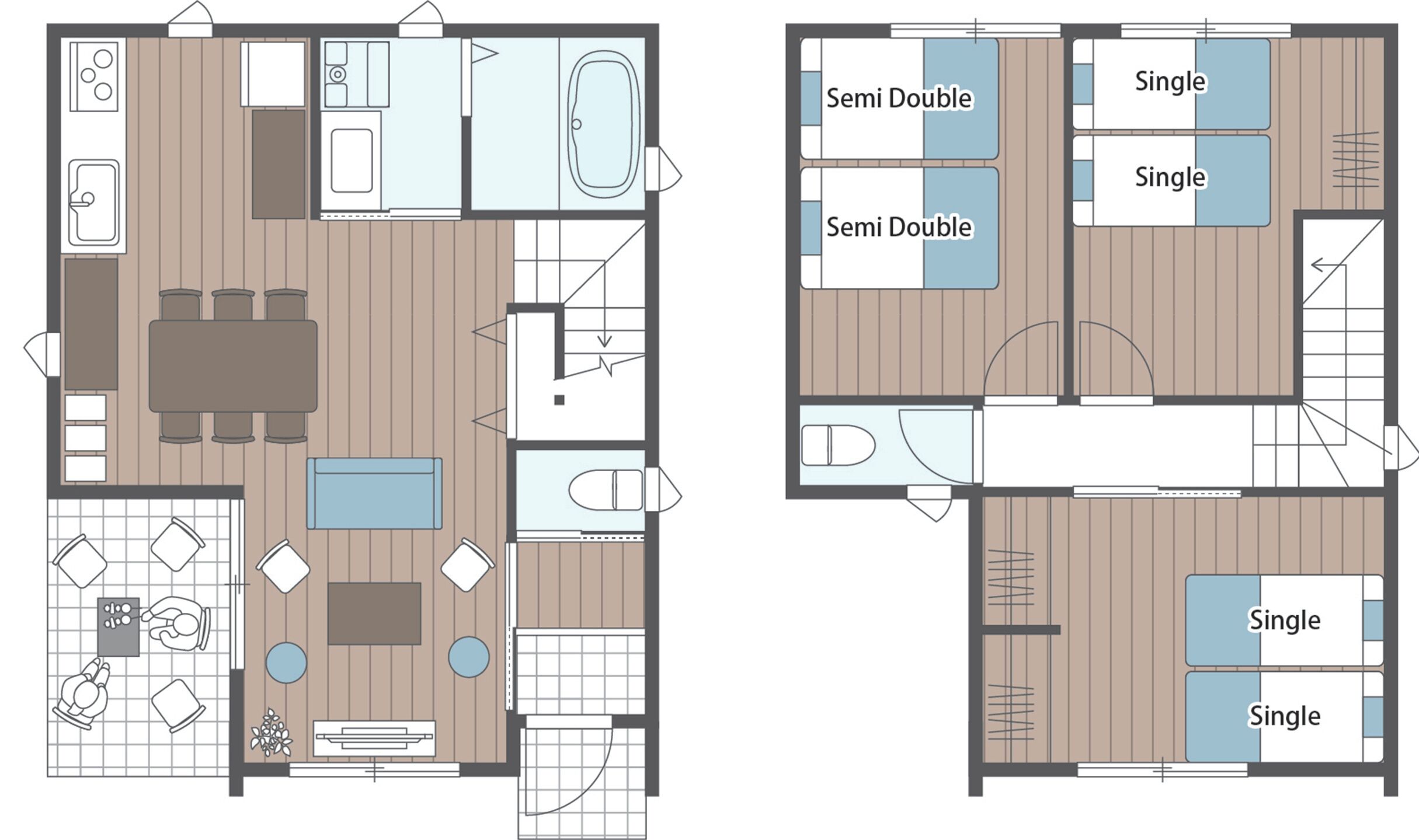 A hotel layout with a dining area, kitchen, and multiple bedrooms labeled as 'Semi Double' and 'Single'.