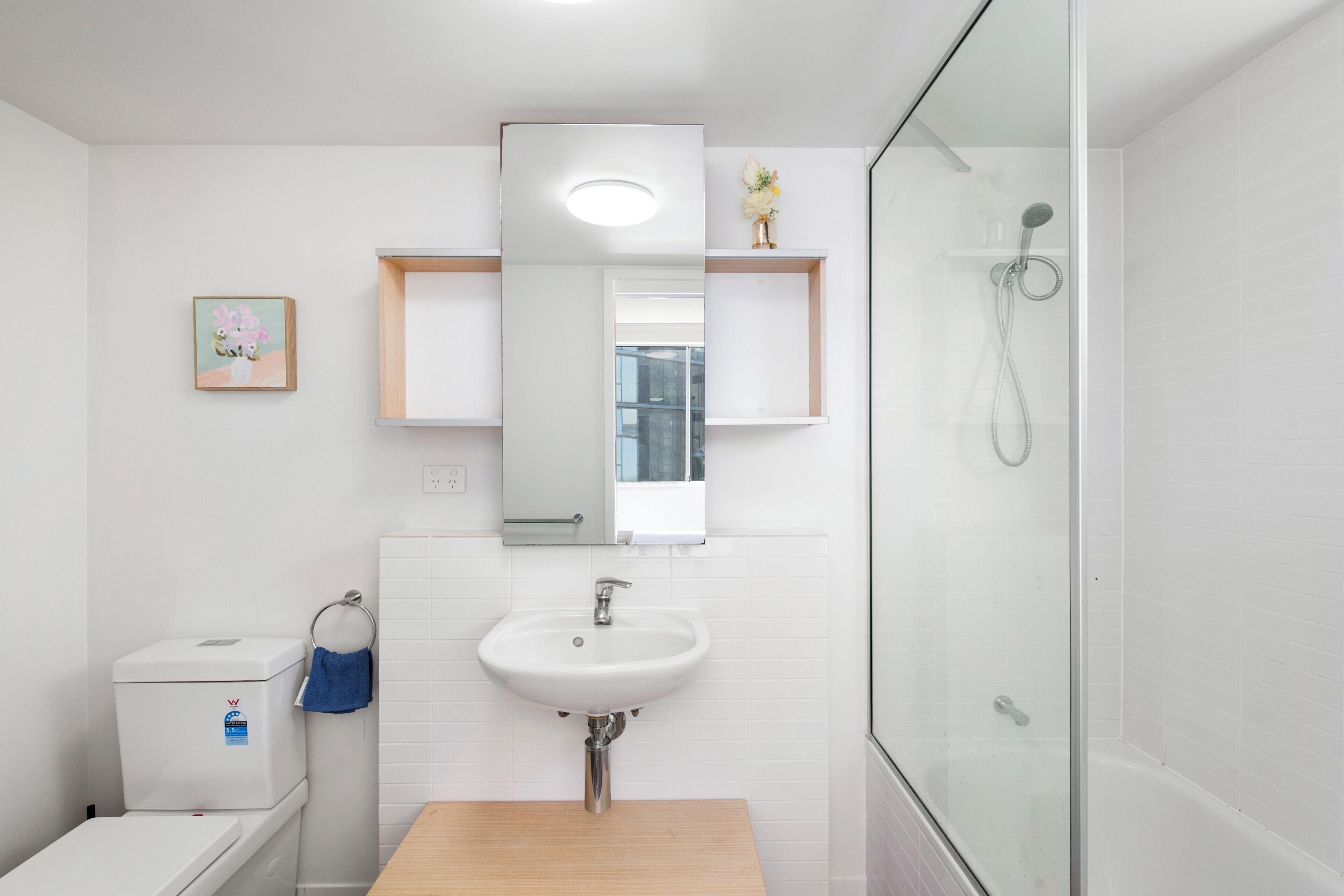 Une salle de bain moderne avec un lavabo blanc, une douche en verre et un meuble-lavabo en bois.