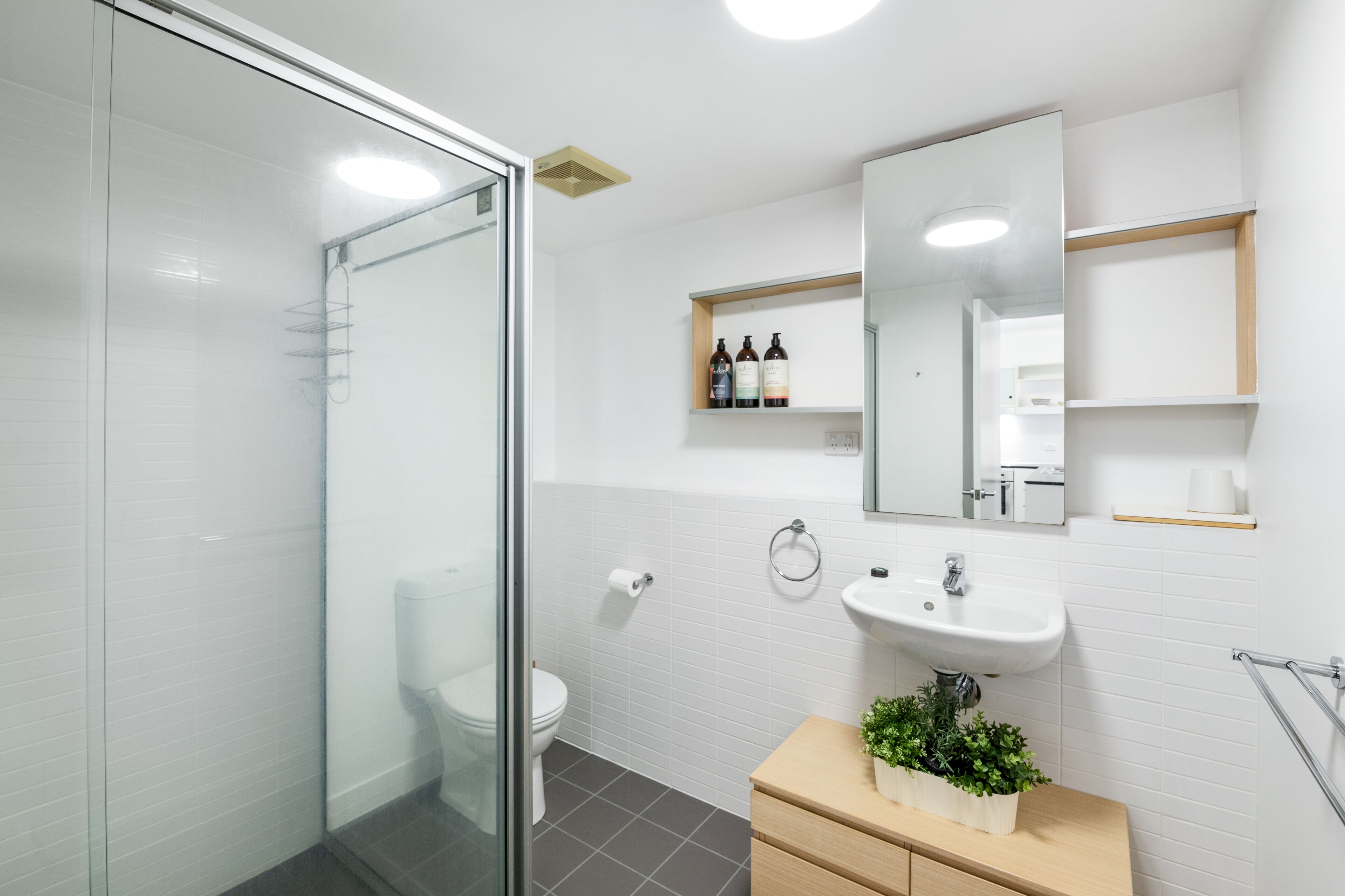A modern bathroom with a glass shower enclosure, a white toilet, a sink with a mirror above, and a small shelf with toiletries.