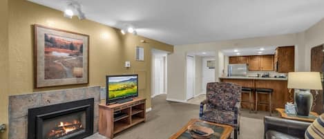 TV, fireplace