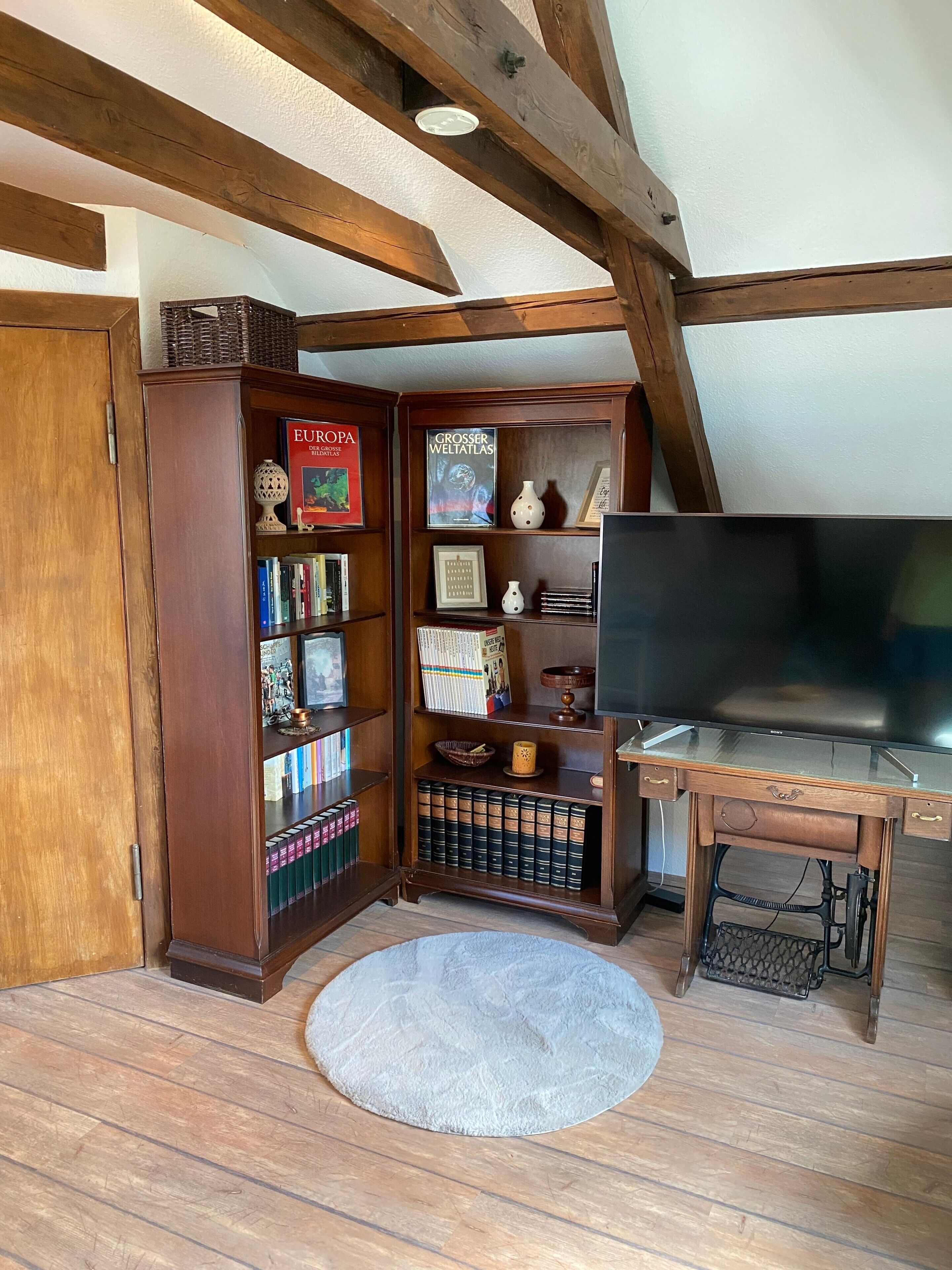 Una habitación con una estantería de madera, un televisor y un tapete redondo.