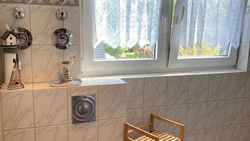Shower, hair dryer, towels