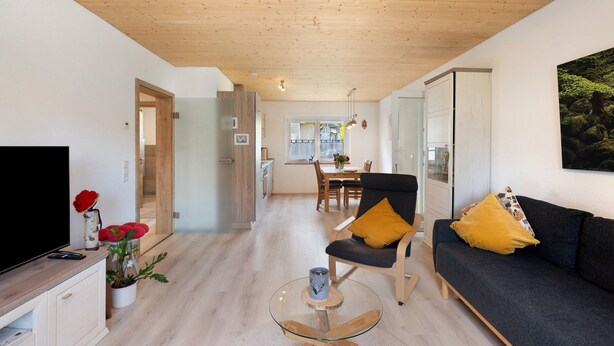 A modern living room with a flat-screen TV, a sofa, a glass coffee table, and a dining area in the background.
