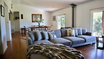 Smart TV, fireplace, books, stereo