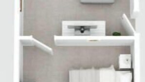 A floor plan of a hotel room with a bed, a seating area with a table and chairs, a small kitchenette, and a bathroom. - Lake Taupō Hideaway Apartment in Acacia Bay (Lake Taupō)