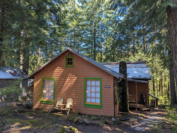 A rustic cabin with two windows and a chimney, surrounded by dense forest.