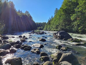 A river flowing through a forest with rocks and sunlight filtering through the trees.