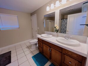 Hair dryer, towels, soap, shampoo