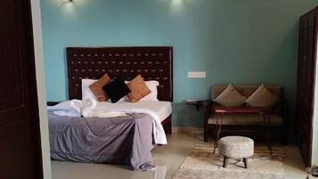 A bedroom with a bed, a sofa, a chair, a small table, and a ceiling fan.