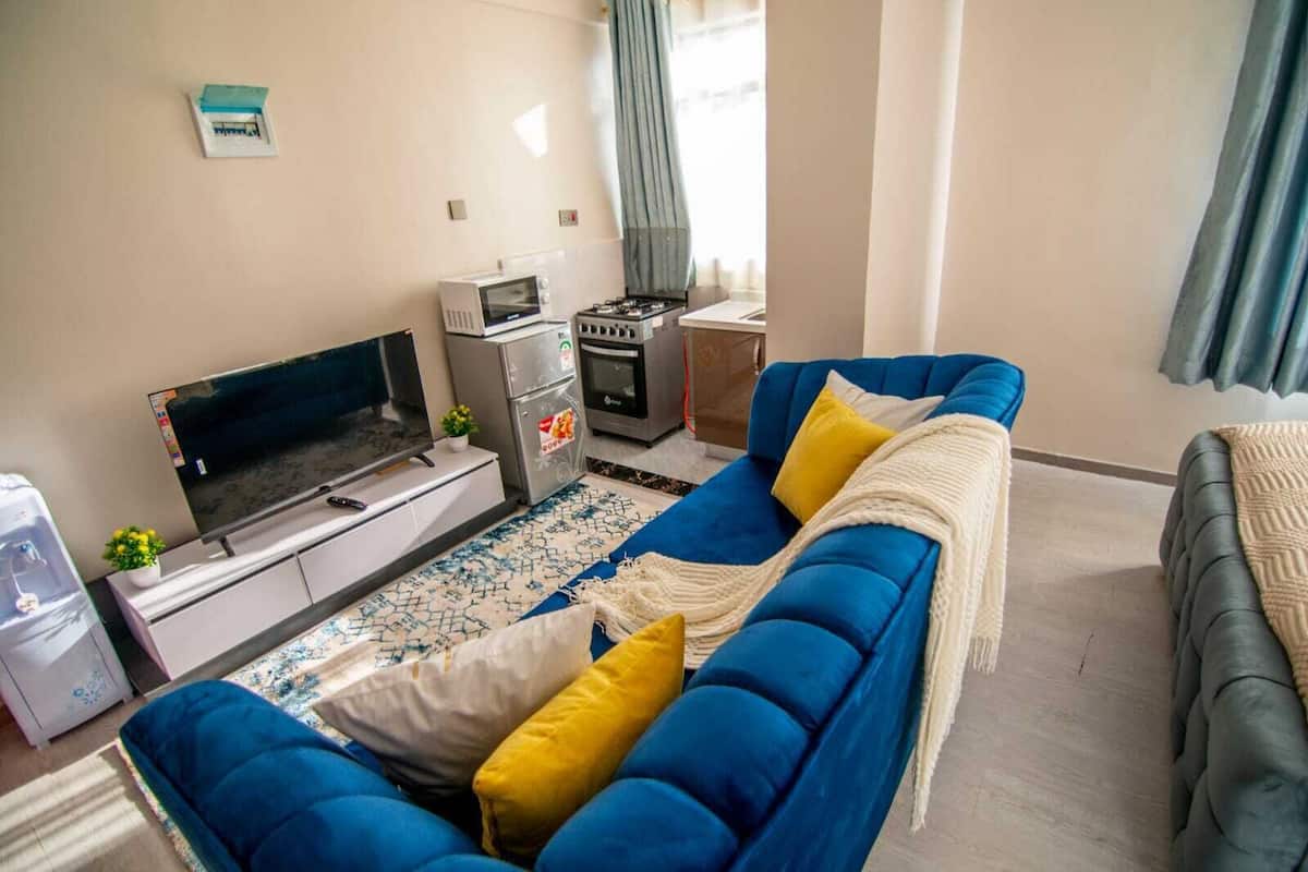 A living room with a blue sofa, a television, a small refrigerator, and a stove.