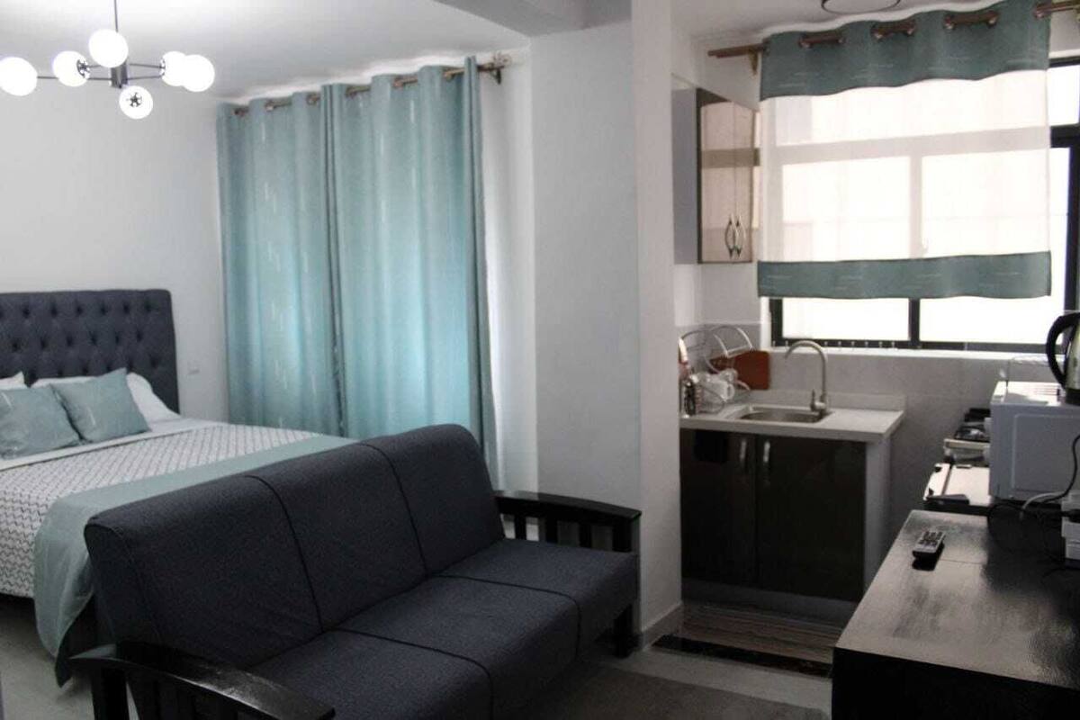 A compact room with a bed, a sofa, a kitchenette, and a window with curtains.