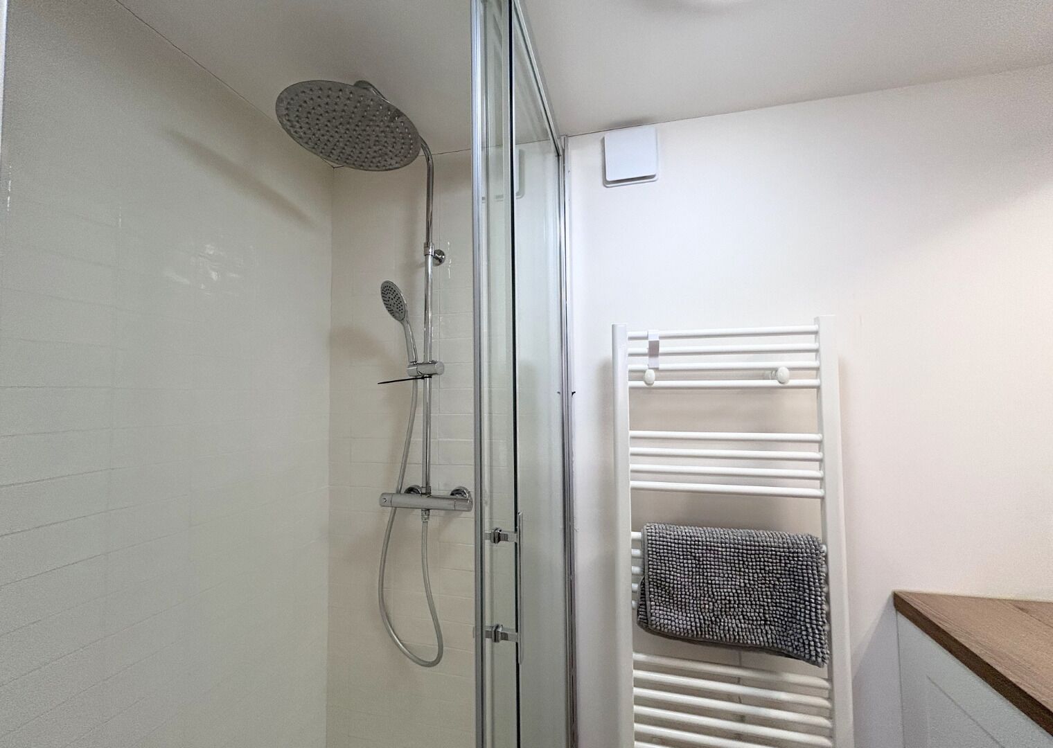 A shower with a handheld showerhead and a wall-mounted rain showerhead, a white towel rack with a towel, and a glass shower door.
