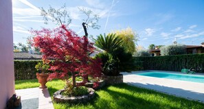 A swimming pool surrounded by a well-maintained garden with various plants and a stone pathway leading to the pool. - Villa Cycas (Polpenazze del Garda)